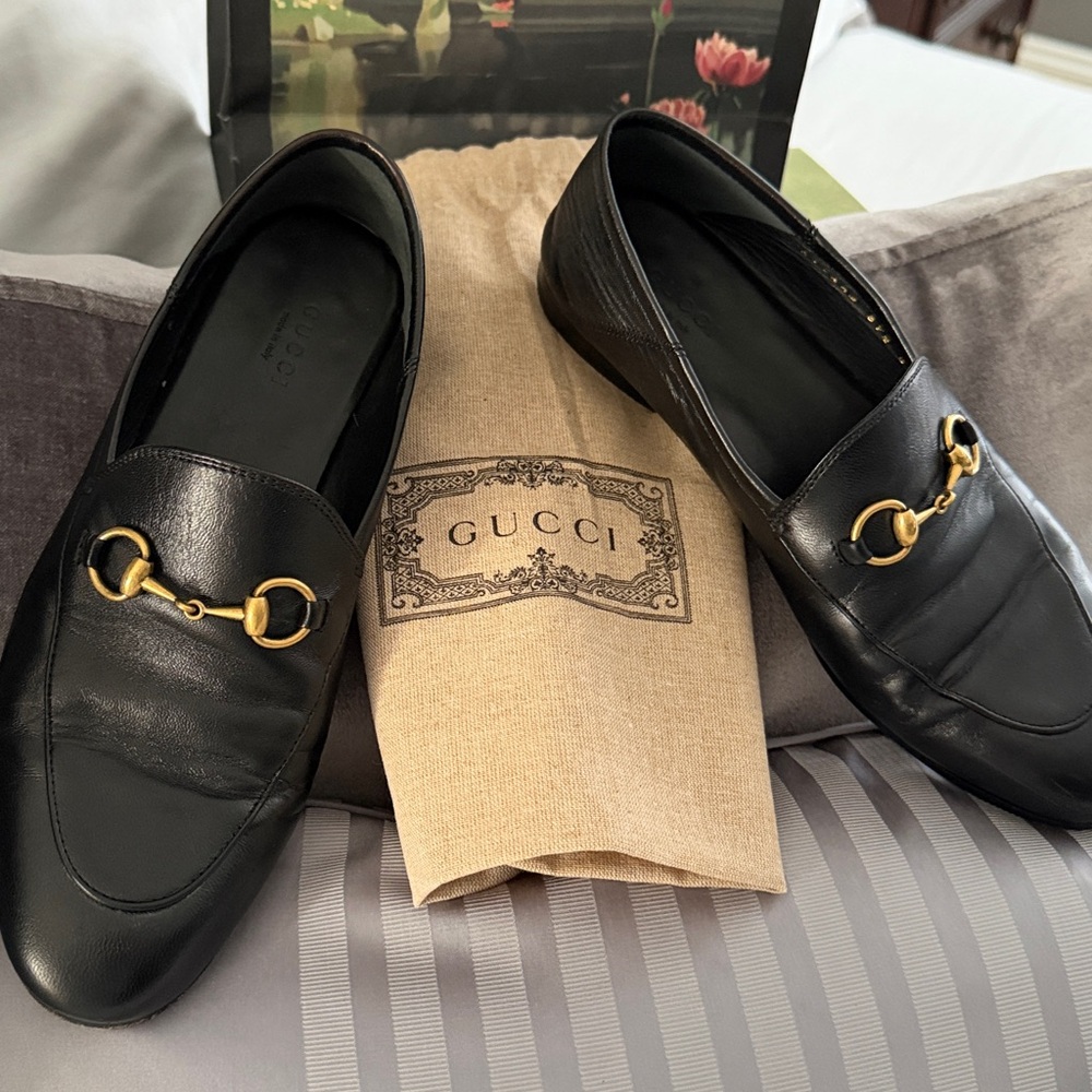 Gucci Black Brixton Leather Horsebit Loafers with Gold Hardware